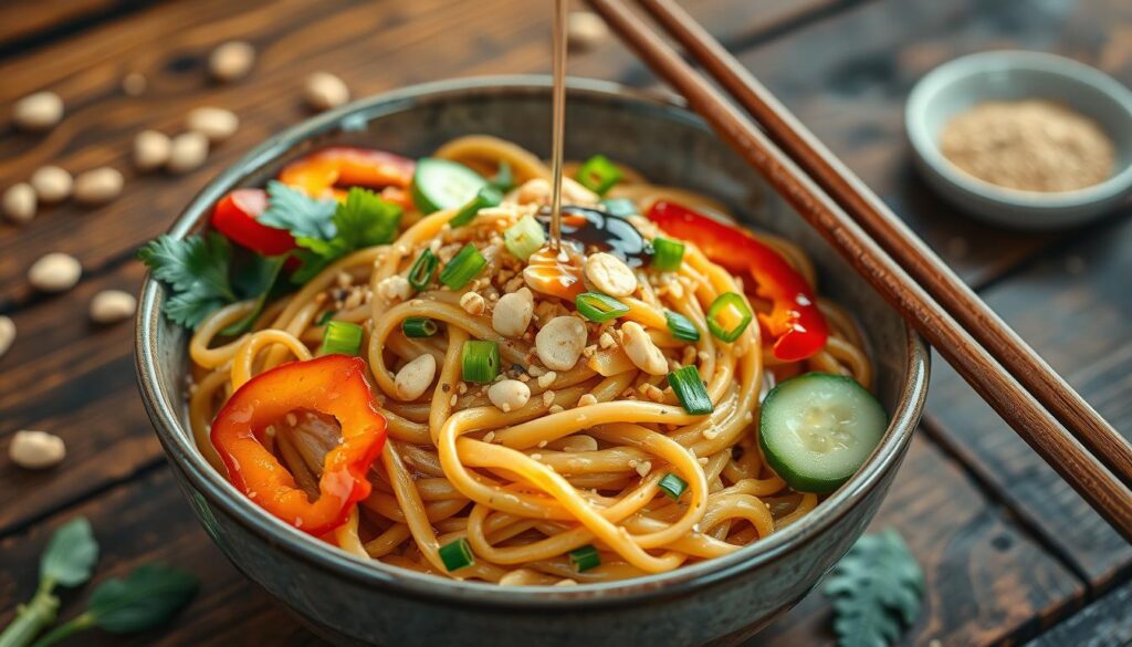 a bowl of noodles with vegetables and sauce being poured onto it