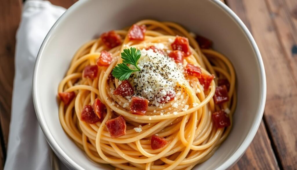 a bowl of spaghetti with cheese and meat