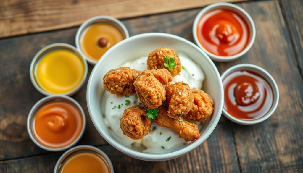 fried chicken ice cream with dipping sauces